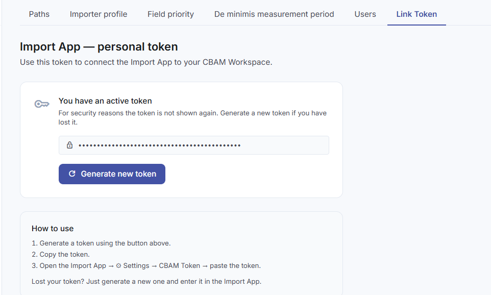 Settings → Import App Token