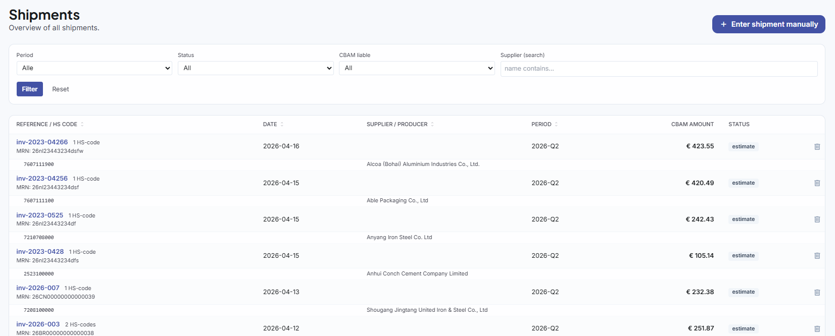 Shipment list with status badges